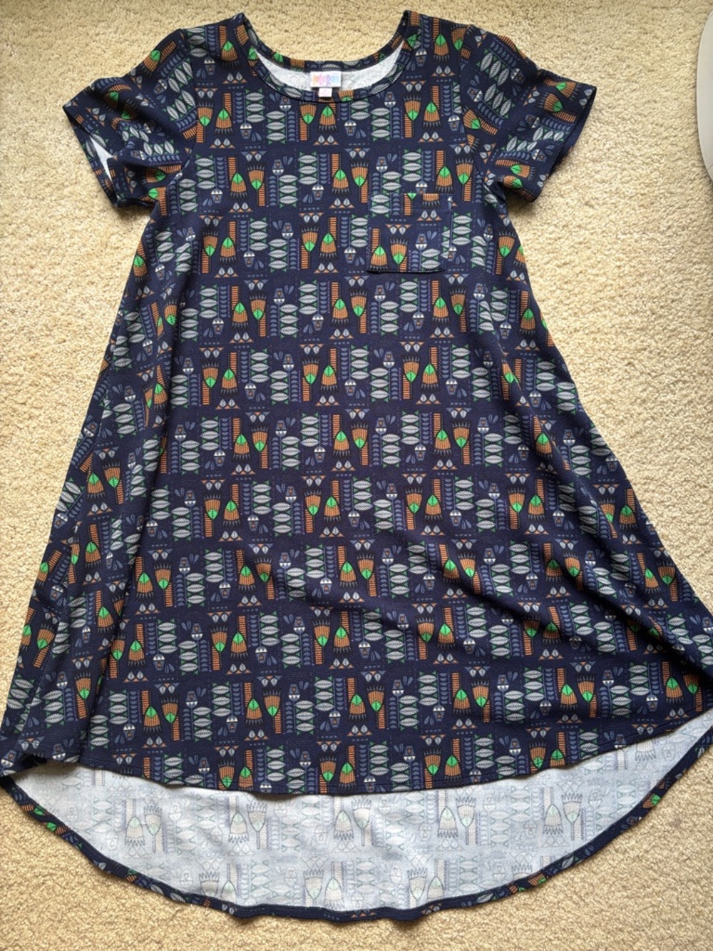LuLaRoe Navy Geometric Tee Dress. Can fit up to a large.